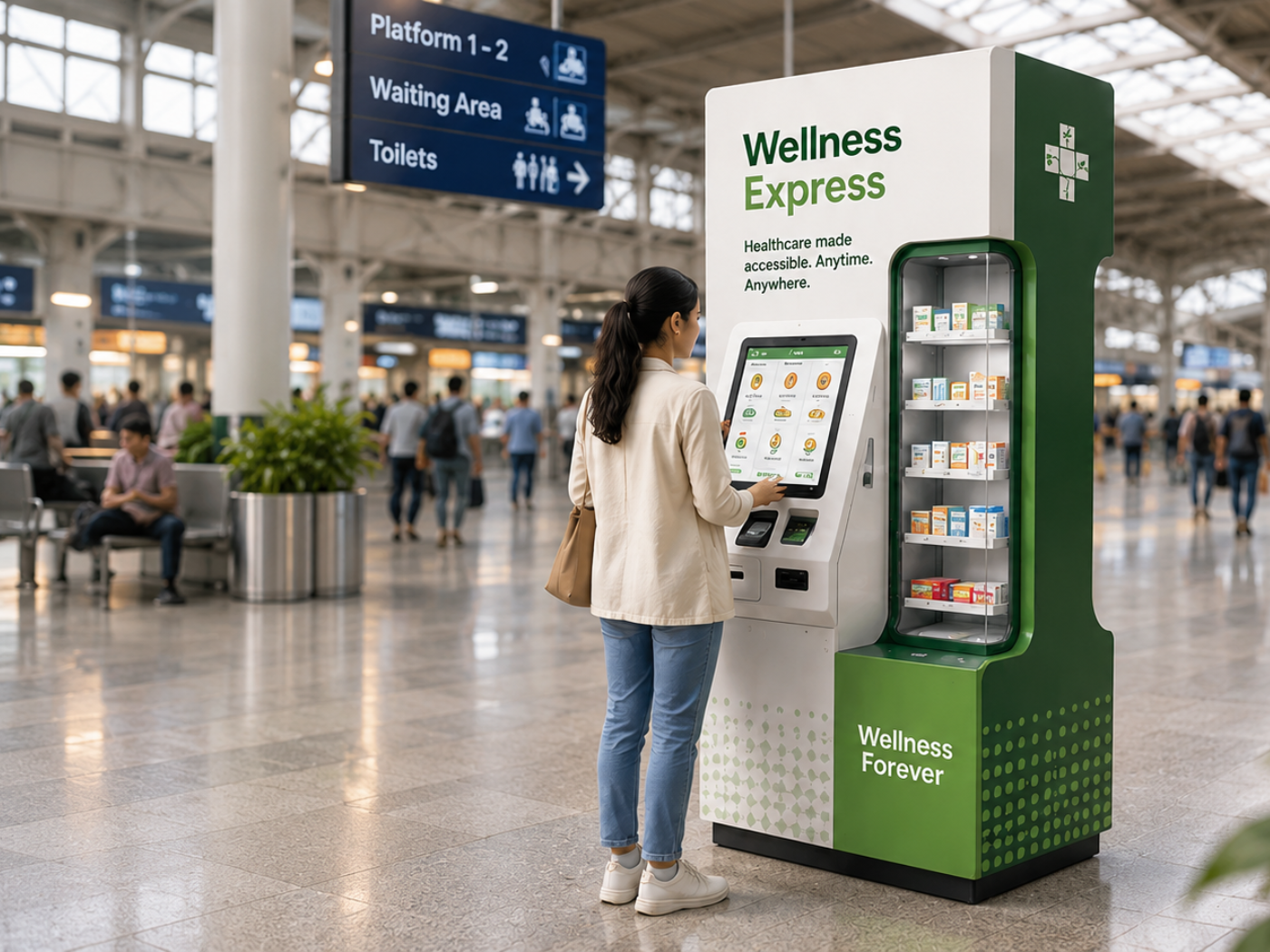 A person using a Wellness Express healthcare kiosk in a train station, browsing OTC products on the touchscreen next to a stocked shelf branded Wellness Forever